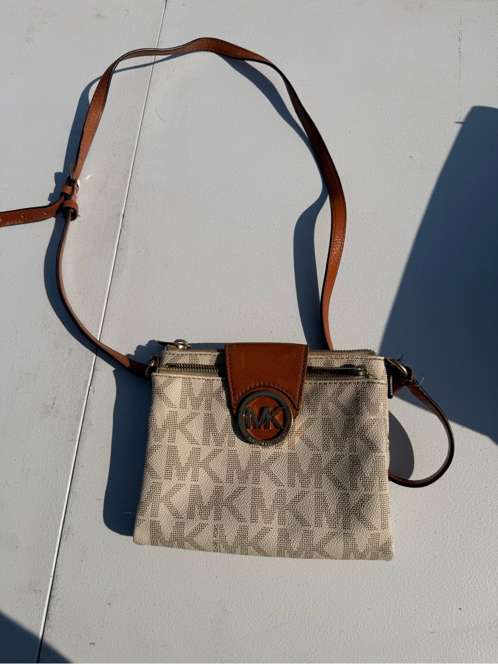 Michael Kors Beige and Brown Signature MK Crossbody Bag